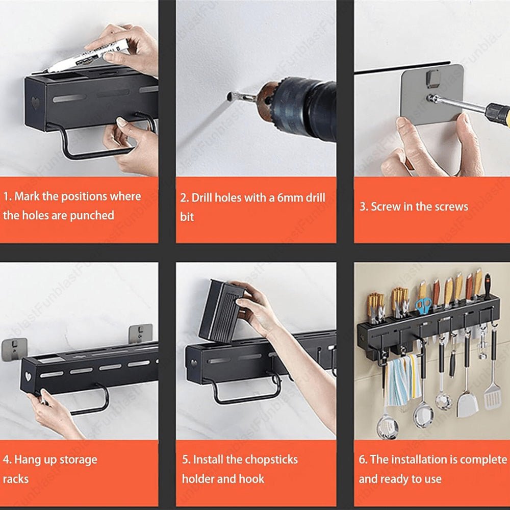 Multi-Functional Wall Mounted Stainless Steel Kitchen Organizer with Hooks(60cm)