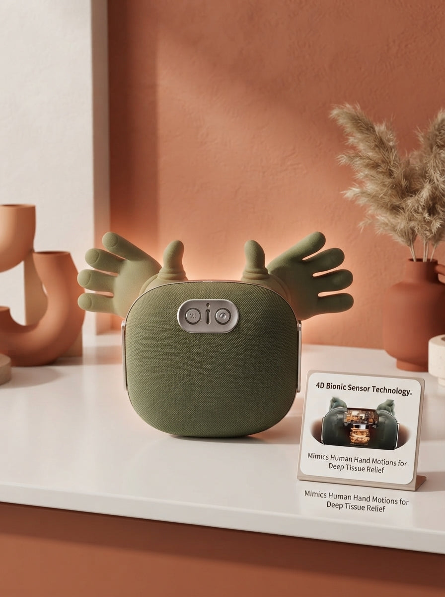 Wireless 4D Shiatsu Neck Massager with bionic nodes on a white surface with terracotta and burnt sienna accents.